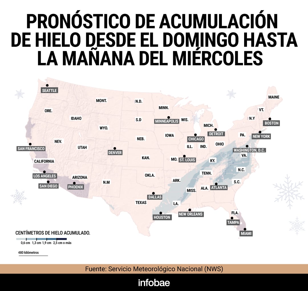 Pronóstico de acumulación de hielo que muestra las zonas con mayor riesgo de daños en infraestructura y cortes de energía