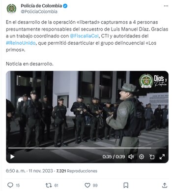 La Policía anunció la captura de cuatro presuntos secuestradores de Luis Manuel Díaz -crédito @PoliciaColombia/X