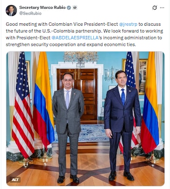 Marco Rubio y José Manuel Restrepo se reunieron en Washington para discutir la agenda bilateral del gobierno electo de Abelardo de la Espriella - crédito @SecRubio/X