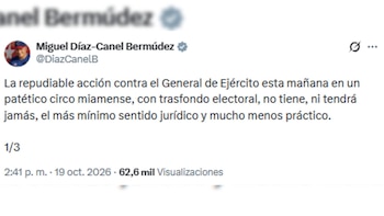 Captura de pantalla de una publicación en la red social X de la cuenta verificada de Miguel Díaz-Canel Bermúdez con texto en español