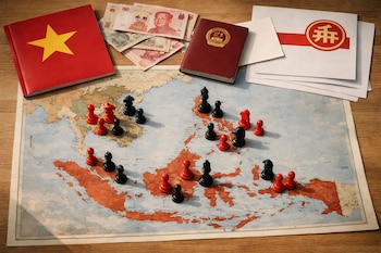 Un mapa del sudeste asiático con piezas de ajedrez rojas y negras, billetes chinos, un pasaporte rojo y documentos con símbolos del Partido Comunista Chino.