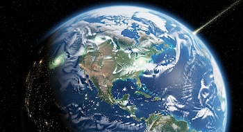Vista del planeta Tierra desde el espacio, mostrando América del Norte, puntos brillantes en tierra y mar, un objeto luminoso entrando y galaxias espirales verdes.
