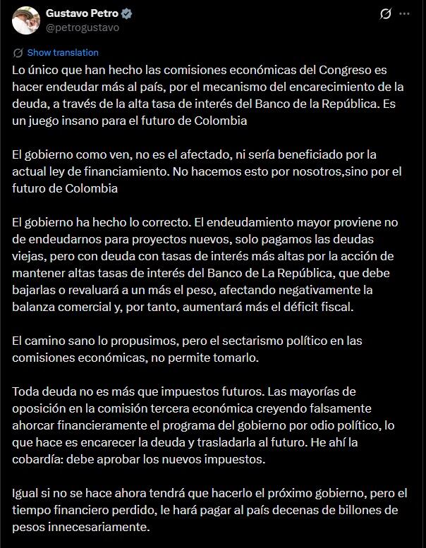 El mandatario alertó que el costo de la deuda se eleva por políticas del Banco de la República y recortes a la reforma tributaria, lo que compromete el futuro económico y limita la inversión en proyectos clave - crédito captura de pantalla / X