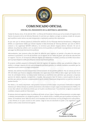 Documento oficial de la Presidencia de Argentina con el escudo nacional en la parte superior, texto sobre reforma electoral y firma de Javier G. Milei