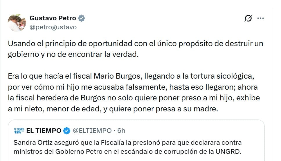 Gustavo Petro insistió en que existe una intención de afectar su proyecto político y a su familia mediante decisiones judiciales - crédito @petrogustavo/X