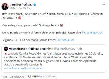 Jennifer Pedraza exigió justicia y condena feminicidio de María Camila Potosí en Cali - crédito @JenniferPedraz/X