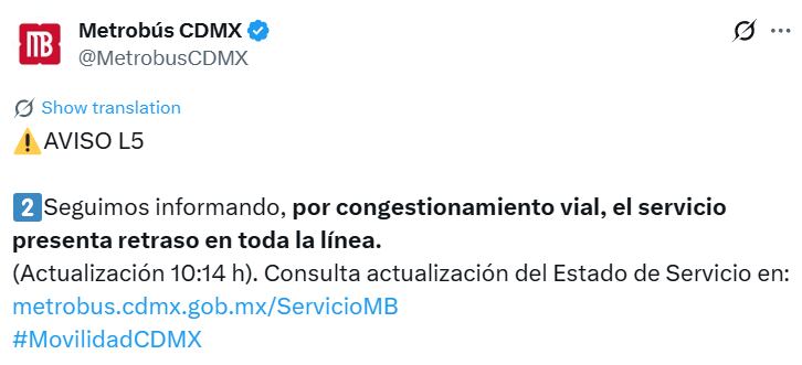 Avance en tiempo real de la red de transporte público capitalino. (TW MB CDMX)
