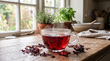 Una taza de vidrio con líquido rojo humeante y pétalos secos de hibisco sobre una mesa de madera frente a una ventana.