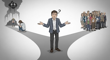Ilustración de un hombre en un camino dividido, con dos mujeres llorando bajo una nube oscura a la izquierda y un grupo grande de adultos a la derecha.