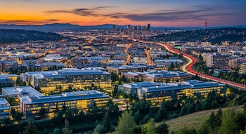 Vista aérea de Redmond al anochecer: edificios iluminados, autopista con luces de coches, montañas y el horizonte de Seattle con la Space Needle.
