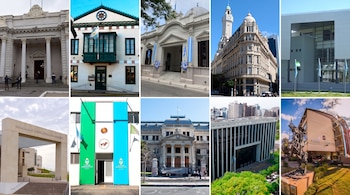 Collage de diez fotos de fachadas de edificios legislativos argentinos, con banderas, columnas, balcones y esculturas.