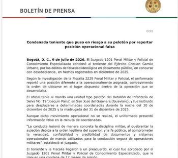 La condena de 17 meses de prisión para el teniente Cristian Camilo Urbano marcó el cierre de un proceso judicial que expuso el riesgo al que fue sometido un pelotón militar en el Guaviare - crédito @JPMP_Colombia/X