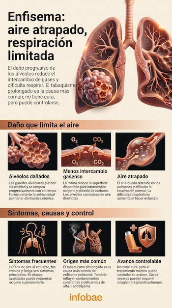 Infografía con ilustraciones anatómicas de pulmones y alvéolos, diagramas con textos explicativos, iconos médicos y el logotipo de Infobae.