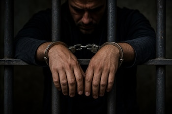 Las manos esposadas de un hombre apoyadas sobre los barrotes metálicos de una prisión.