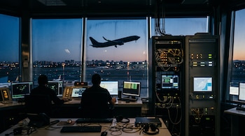 Siluetas de dos controladores frente a monitores en una torre de control, junto a bastidores de servidores y un avión despegando al fondo.