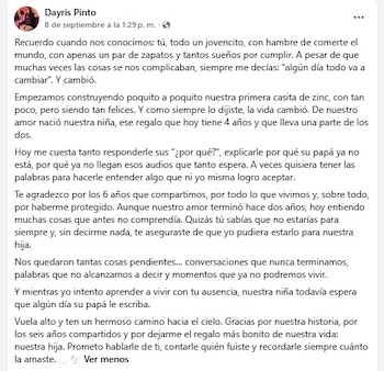 Dayris Pinto, exmujer de Naín Andrés Pérez Toncel, publicó en Facebook un mensaje de despedida tras su muerte - crédito Dayris Pinto/Facebook