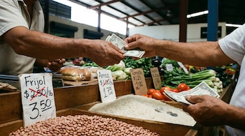 Dos manos intercambian billetes y monedas de dólar sobre un mostrador de mercado con frijoles, arroz, tomates, pan y etiquetas de precios tachados.