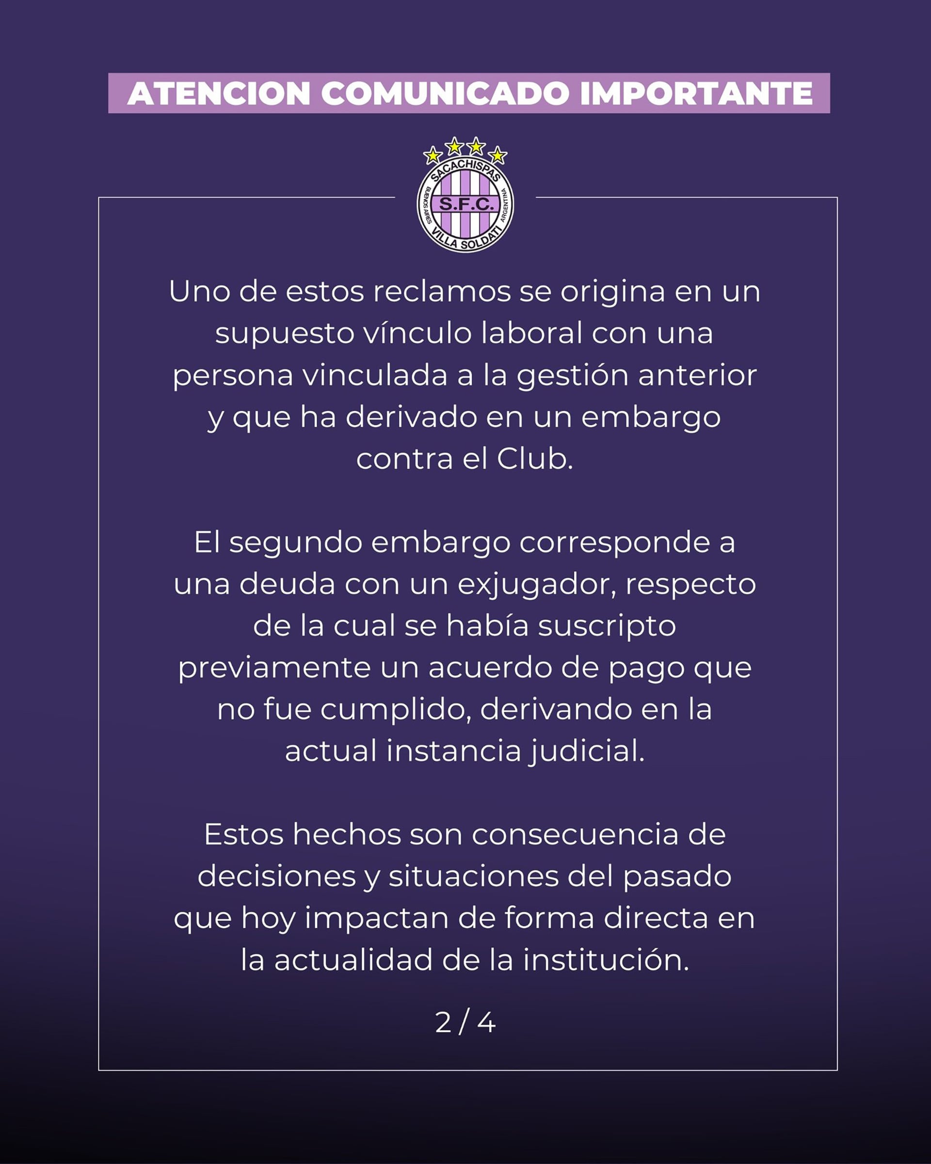 El comunicado oficial de Sacachispas detalla dos embargos significativos resultantes de reclamos laborales de la gestión anterior y deudas con un exjugador, impactando directamente la actualidad del club.