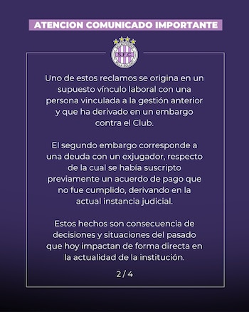 Captura de pantalla de un comunicado oficial del club Sacachispas. Texto blanco sobre fondo morado detalla embargos y deudas. El logo del club y '2/4' son visibles