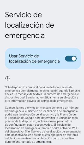 Pantalla de teléfono con título 'Servicio de localización de emergencia' e interruptor desactivado para 'Usar Servicio de localización de emergencia' y texto explicativo