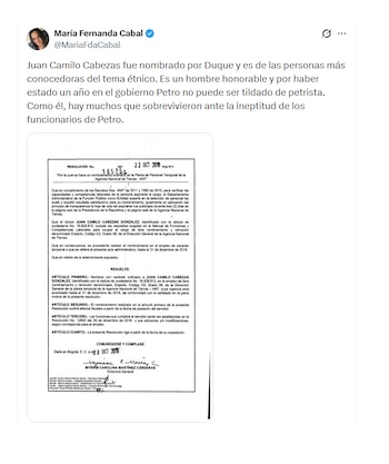 María Fernanda Cabal hizo defensa de Juan Camilo Cabezas en la ANT