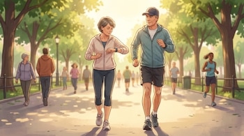 Ilustración de un hombre y una mujer de mediana edad caminando por un sendero soleado en un parque, mientras la mujer mira su reloj inteligente.