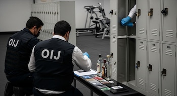 Agentes del OIJ con chalecos negros y guantes azules revisan casilleros en un gimnasio; sobre una banca hay tarjetas, botellas de licor y un teléfono.