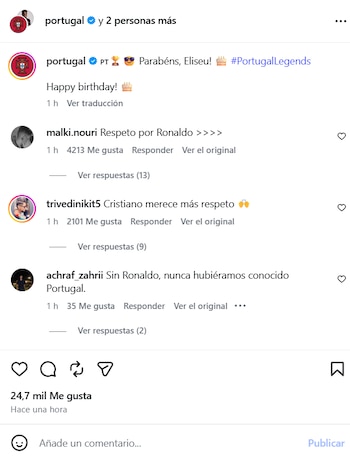 Captura de pantalla de una publicación en red social con comentarios en español que mencionan al futbolista Cristiano Ronaldo