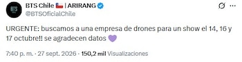 Captura de pantalla de una publicación en la red social X de la cuenta BTS Chile sobre la búsqueda de una empresa de drones