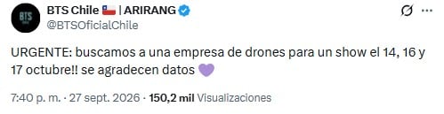 Una publicación en la red social X de la cuenta BTS Chile solicita información sobre empresas de drones para organizar un espectáculo en octubre.