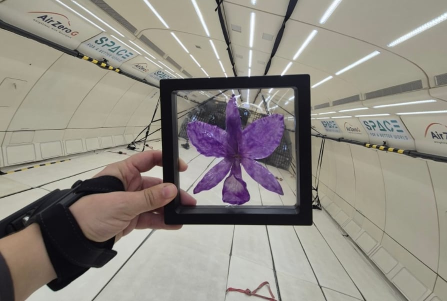 La ingeniera también llevó una guaria morada y una bandera de Costa Rica como parte de su intención de representar la biodiversidad y la identidad nacional. Cortesía: TEC