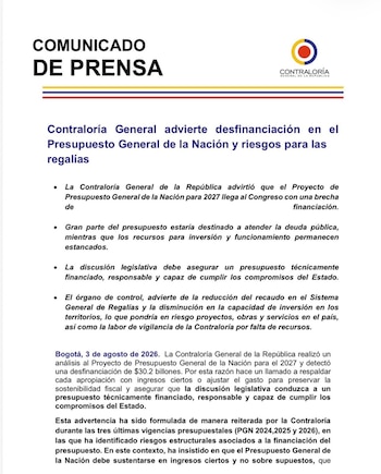 Contraloría alertó desfinanciación de $30,2 billones en el presupuesto nacional para 2027 - crédito Contraloría