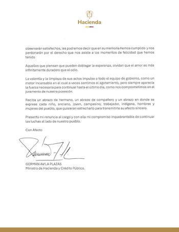 El documento concluye con un mensaje de respaldo al presidente Petro y el compromiso de Ávila de continuar apoyando las causas que defendió durante su paso por el Gobierno. - crédito @MinHacienda/X