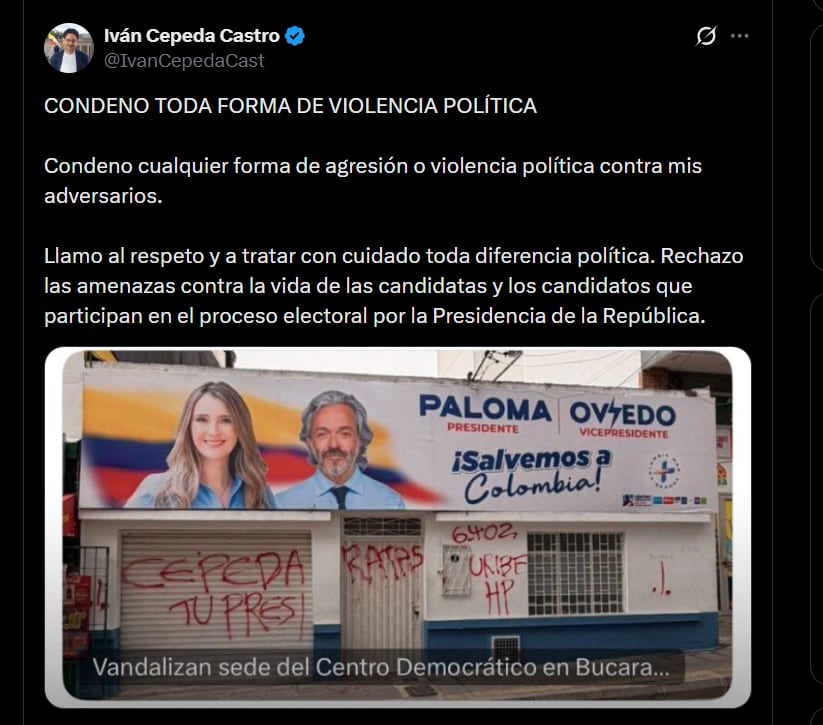 Iván Cepeda condenó los ataques que sufrió la sede de campaña de Paloma Valencia - crédito @IvanCepedaCast/X