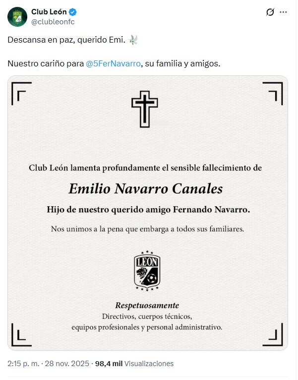 Club León envía un mensaje a la familia de Fernando Navarro tras el fallecimiento de su hijo, Emilio Canales.Crédito: X/ @clubleonfc