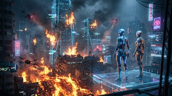 Dos agentes de IA de pie sobre una plataforma holográfica observan una ciudad futurista con rascacielos en llamas bajo la lluvia, con pantallas flotantes y drones en el aire.