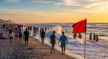 Playa de Florida con multitudes al atardecer, olas fuertes rompiendo en la orilla y una bandera roja de advertencia. Edificios se ven en el horizonte.