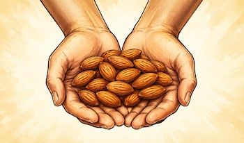 Dos manos abiertas forman un cuenco que contiene una gran pila de almendras peladas de color marrón claro, con un fondo degradado