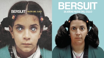 Dos retratos enfrentados de una niña y una mujer adulta con el mismo peinado de dos coletas, hebillas de flores y suéter verde con textos de Bersuit.