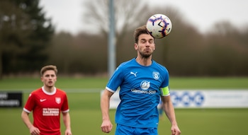 Un futbolista con camiseta azul y brazalete verde remata de cabeza un balón de fútbol con patrones geométricos, mientras otro futbolista con camiseta roja se encuentra detrás.