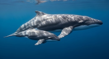 Una ballena minke adulta y su cría nadan juntas en aguas azules del océano, con la luz del sol reflejándose en sus lomos.