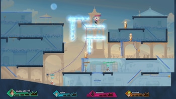 Cuatro personajes de videojuego en un mapa de plataformas con edificios, escaleras, arcos, plataformas y una torre central iluminada. Interfaz de usuario