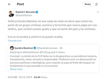 Daniel Briceño arremetió en contra de Sandra Ramírez en su cuenta de X - crédito @Danielbricen