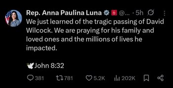 Anna Paulina Luna confirmó la muerte de David Wilcock a través de un post de X. (X/Anna Paulina Luna)