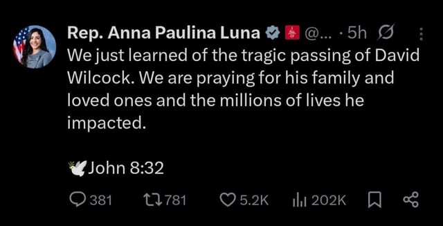 Anna Paulina Luna confirmó la muerte de David Wilcock a través de un post de X. (X/Anna Paulina Luna)