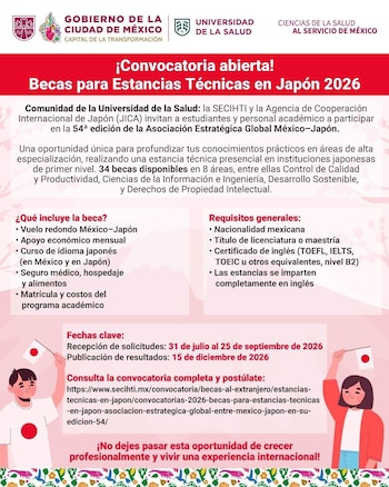 Infografía con logotipos del Gobierno de la Ciudad de México y Universidad de la Salud, texto, dos personas y banderas de Japón