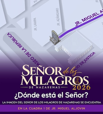 Mapa en perspectiva que señala la ubicación del anda del Señor de los Milagros junto al Palacio de Justicia y textos informativos