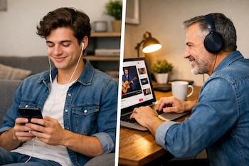 Una imagen dividida. A la izquierda, un joven sonriente con auriculares blancos y celular. A la derecha, un hombre sonriente con audífonos negros, laptop y taza.