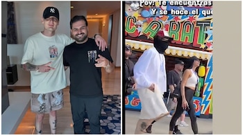 Composición de dos fotos: a la izquierda, dos hombres posan; a la derecha, una persona con el rostro cubierto camina con una mujer en una feria.