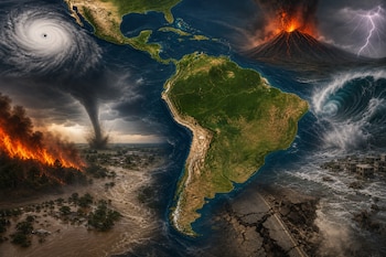 Mapa de América Latina rodeado por un huracán, un tornado, un incendio, una inundación, un volcán activo, un tsunami y una fractura del suelo.